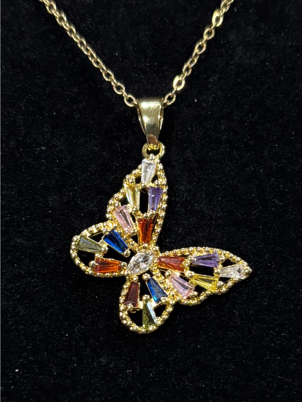 New Gold Multicolor CZ Butterfly Pendant Necklace